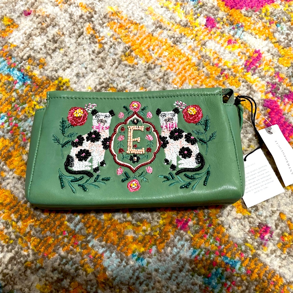Anthropologie Corinne Lent Embellished Beaded Pouch Monogram ‘E’ NWT